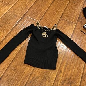 Christian Dior Black Off-Shoulder Sweater with Chain Detail